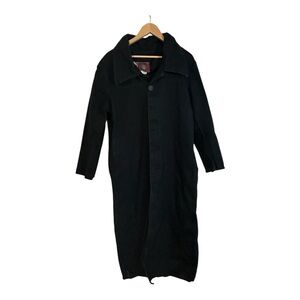 Men's Black denim Trench Long Coat Large Made in USA Red Balls On Fire